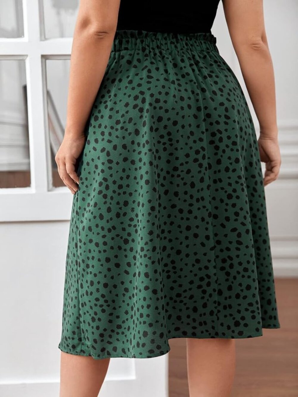 SHEIN Green Black Spotted Paperbag Waist Midi Skirt XL